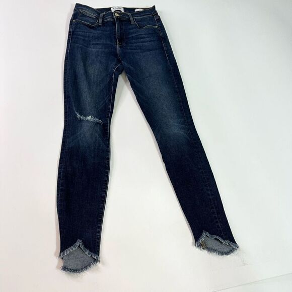 Frame Denim Jeans Women's 27 Blue Le High Skinny Rugged Distressed Frayed Hem - Picture 1 of 13